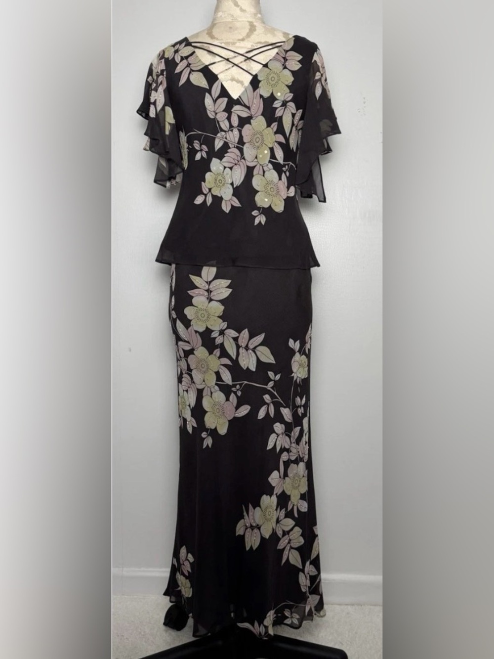 Adrianna Papell Silk Beaded Floral Maxi Dress 2 Pc Wedding Guest Size 6